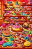 Placeholder: surrealistic image of toys baking and decorating delicious treats in a toy-sized bakery. You can have toy chefs decorating cupcakes, rolling out dough for cookies, and frosting cakes. Surround them with an assortment of mouth-watering pastries and candies.