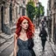 Placeholder: a girl with bright red hair, looking over her shoulder, scared, walking along a bust street