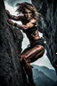 Placeholder: An action shot of a sexy looking zombie mountain climber, dramatic climb, an action shot, sexy crop top and tight leggings, climbing ropes,cinematic poster, cinematic lighting