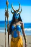 Placeholder: A picture of a beautiful "blue" faced indian goddess with skin painted blue, "blue painted body", blue painted torso, wild black hair, stag antlers, elven ears, golden skirt, holding a staff on a sunny beach