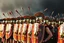 Placeholder: Scene from the movie "300" with a row of Spartans in a phalanx alignment with elaborate shiny Spartan Shields lined up in a row, watercolor and ink, dramatic, arrows in the air and embedded in the shields