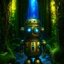 Placeholder: portrait of advanced cute chat robot in the style of lovecraft , in front of teleporter portal to the sea in an underground grove, in the style of dali, 8k, down-light, soft light, depth of field, photo realism, trending on art station, high detail