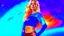 Placeholder: Full body portrait of a peaceful ((smiling)) gorgeous blonde Goddess of the galaxies with a blue indigo purple skin, high skul, luminous eyes in a galactic sunset