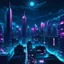 Placeholder: a cyberpunk, synthwave city skyline at night