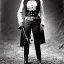 Placeholder: sepia photo of female western outlaw wearing holster with guns around waist and belts with rows of bullets criss-cross her chest, 1800s, 8k, character creation, fullshot, high-quality, ultra-fine detail, Brian Froud, Howard Lyon, Alfredo Rodriguez, Jack Sorenson, G. Harvey, Annie Stokes, Lilyan Tashman, Lousie Klement, Greg Rutowski