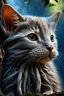 Placeholder: An illustration of grey kitten with bright blue eyes in a style of watercolor, profile view, golden hour, , realistic, high resolution, volumetric, chiaroscuro