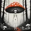 Placeholder: [art by Ralph Steadman] In the heart of a dark and spooky forest, a woman with big eyes, her head enclosed in a giant mushroom cap, stands trembling. She is clad in a full-body mushroom symbiote suit made of white mycelium, blending seamlessly with the eerie surroundings. Surrounding her are several giant mushrooms, their shapes resembling women, casting long, haunting shadows in the dim light of the forest. The woman's eyes dart nervously from one mushroom figure to another, their silent presen