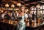 Placeholder: long shot of a beautiful tavern with many peoples drinking, fullbody of very beautiful German goddess girl with make up Lily wearing a pretty dress as she is a bartender gracefully serving the people,her eyes are so beautifull and every one in tavern,looks at her