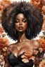 Placeholder: Create a watercolor painting art image of a curvy black female wearing a brown off the shoulder blouse, and she is looking down with Prominent makeup. Highly detailed tightly curly black afro. Background of large brown and black flowers surrounding her