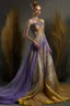 Placeholder: Stunning utopian gown with lavender and gold. Hyper realistic standing model