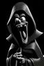 Placeholder: 1950s goofy character with skull face wearing a black hooded cloak, drawn in a early animation rubber hose animation style, inside a diamond shape on a black background, monochromatic