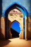 Placeholder: An open gothic_arab doorway in a tiled blue wall with a view of a desert landscape