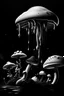 Placeholder: black and white image of mushrooms dripping off of wax in outer space