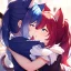 Placeholder: Clear Focus, High resolution, wearing a maid uniform, fluffy hair and a long ponytail, blue hair, cat ears, meowing, hugging another girl with red long fluffy hair also wearing a maid outfit, looking at you