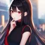 Placeholder: Clear focus,High resolution, black long hair, Vibrant red eyes, Emo style, Black skirt, wearing a black shirt sleeveless, Wearing black and red cutsleeves, Hand near chin