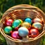 Placeholder: digital photograph — off-center modern wicker basket holds Easter eggs in vibrant azure, emerald, blush, crimson, gold, sapphire, and metallic tones. Each egg's glossy surface reflects intricate dimpled textures under dramatic cinematic HDR backlighting, emphasizing subtle sheen contrasts. Shallow depth of field softens sunlit background in hyperrealistic 8k clarity.