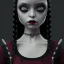 Placeholder: wednesday addams from jenna ortega, wednesday addams hair, wednesday addams make up, wednesday addams black dress, cinematic, hyper detail, 8k resulation