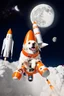 Placeholder: white and orange dog flies to the moon top of the a rocket