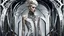 Placeholder: Futuristic steampunk fashion editorial, subtle rococo influences, a slender androgynous model with a pale face, silver abstract nonfigurative tattoos flowing across the face and neck, dark silver and off-white color palette. Wearing an extraordinary long sculptural dress layered over glossy metallic leggings, intricate futuristic steampunk details, elegant mechanical ornaments. Elaborate headpiece combining a decorative hair ornament, rococo hat and futuristic half helmet