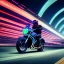 Placeholder: a guy in a futuristic motorbike leaving a futuristic city with neon lights at night, through a super highway, high speed, Looking up from the street seeing tall skyscrapers, outer space, vanishing point, super highway, high speed, digital render, digital painting, beeple, noah bradley, cyril roland, ross tran, trending on artstation