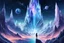 Placeholder: Create an image of daring climb up the Crystal Peaks, surrounded by towering crystals that reflect the starry skies above, as she nears the realm of the elusive Starweaver with vessels in the sky