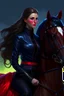 Placeholder: A portrait of a human woman with long brown hair and red eyes wearing competitive horse riding clothes, riding a black horse, modern dressage arena setting, anime style, intricately detailed, masterpiece, HD, 4k