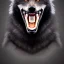 Placeholder: black alpha wolf baring teeth photorealistic