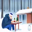 Placeholder: a sad Finnish man without food on his plate, outside his house in the forest, Winter, snow, very cold, Finnish flag down at half way up, Finnish flag, a bottle of Koskenkorva in his hand, knifes and sauna