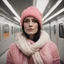 Placeholder: Monica belluci, in the metro in the style of a polaroid,, white, pink,orange, red, with a knitted hat