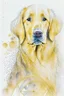 Placeholder: abstract watercolour of a golden retriever dog’s head in the style of Valerie Davide with bifurcated circles and thin pencil lines
