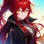 Placeholder: Clear focus, 8k, beautiful lighting, vibrant colors, girl, red hair, long hair, vibrant golden eyes, ponytail, messy hair, hair in between the eyes, jacket,