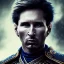 Placeholder: Lionel Messi face, samurai in the rain, style steampunk, darkblue tones,