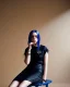 Placeholder: Billie Eilish, sitting on a chair, Black Short Dress, high detail, realistic