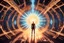 Placeholder: inside a spaceship with a celestial being, a being of pure energy, radiating light and taking a form with shifting constellations.