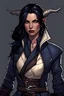 Placeholder: female tiefling rogue with shoulder length dark hair. The dark hair contrasted and complimented her soft facial features. Below her left eye there is a tattoo of fine lined design that looks like a solid line. She had a fashionable yet practical jacket of a midnight blue overtop a silver steel chest plate and underneath it all a modern cut of mage robes the color of cream with ornate blue edging.