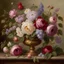 Placeholder: create a table in an entryway with a beautiful ornate colorful botanical flower arrangement in the style of Georgius Jacobus Johannes van Os' work “Still life with roses, peonies, lilac, morning glories and other flowers"