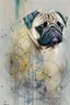 Placeholder: Abstract wet watercolour of a pug, ink lines, interlinked circles,