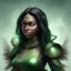 Placeholder: fantasy setting, dark-skinned woman, indian, green and black wavy hair