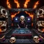 Placeholder: DJ of the damnded, insanely detailed DJ booth in hell, MID set, speakers and equipment made of bone, anatomically correct, add more skulls in th audience, photorealism, vray, 8k 3d, woofers in all empty eye sockets of stage equipment, wide angle, telephoto, from audience, all multicolored skulls,