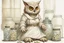 Placeholder: Jean-Baptiste Monge style. Full body of a humanoid biomorph kitten-owl faced nurse in hospital. Pills in jars and piles. A furry striped dress, covered with owl feathers, in sunshine