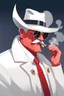 Placeholder: An old very red crimson devil wearing a white and gold police comisioner outfit, he is also wearing glasses, he has a white scruffy mustache, and a small black fedora, he is also smoking a cig.