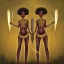 Placeholder: Biologically Female Twins, black skin, tall and slender, long afro kinky hair,big brown eyes, warrior wear. Gold accents on clothing. Surround by trees. Holding golden spears. Starry night