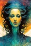 Placeholder: create a wildly conceptual closeup full body print illustration of a female Oracle with finely detailed hair and feminine facial features, in an ethereal, otherworldly mountain temple , in the comic book art style of Bill Sienkiewicz, Mike Mignola, and Jean Giraud Moebius, finely textured, drawn, colored, and inked, suffused with dramatic natural light and shadow of sunset