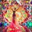 Placeholder: A goddess of love in a cleric dress dances in a vibrant, vibrating, color-rich 3D environment of metallic and crystal recursive geometric structures and an evolving ,Creative 3d fractal art, blurred bokeh effect,