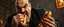 Placeholder: mean looking mafia thug with mustache eating a two hot dogs while fighting