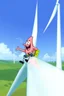 Placeholder: Patrick from Spongebob sitting on the blade of a wind turbine, with speed and wind hitting him in the face, wind farm in the background