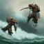 Placeholder: an ibis warrior in orange and green full battle armor, background of giant crashing ocean waves, a highly detailed illustration, realistic render, 8 k, micro detail, intricate, elegant, centered, digital painting, smooth, sharp focus, illustration, artgerm, tomasz alen kopera, peter mohrbacher, donato giancola, joseph christian leyendecker, wlop, boris vallejo