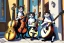 Placeholder: Group of three mature cats musicians, one cat playing guitar, one cat playing drums, one cat holding microphone and singing, singing, street, Vienna, smiling, sunny day, model style, hyper realistic, extremely accurate, delicate, extremely detailed, Graphic novel style, wide-angle, open aperture, superfine pencil