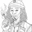 Placeholder: Coloring page for toodlers, with a cute rastaman smoking joint, very Bold outlines and white background, anime style, minimal number of elements, very simple