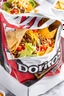 Placeholder: "Taco in a Bag" which consists of an open Doritos chip bag with sides rolled down, containing Doritos chips and cooked ground beef and lettuce and shredded cheese and chopped tomato pepper and onions and topped with more nacho chips, plastic fork, food blogger photography